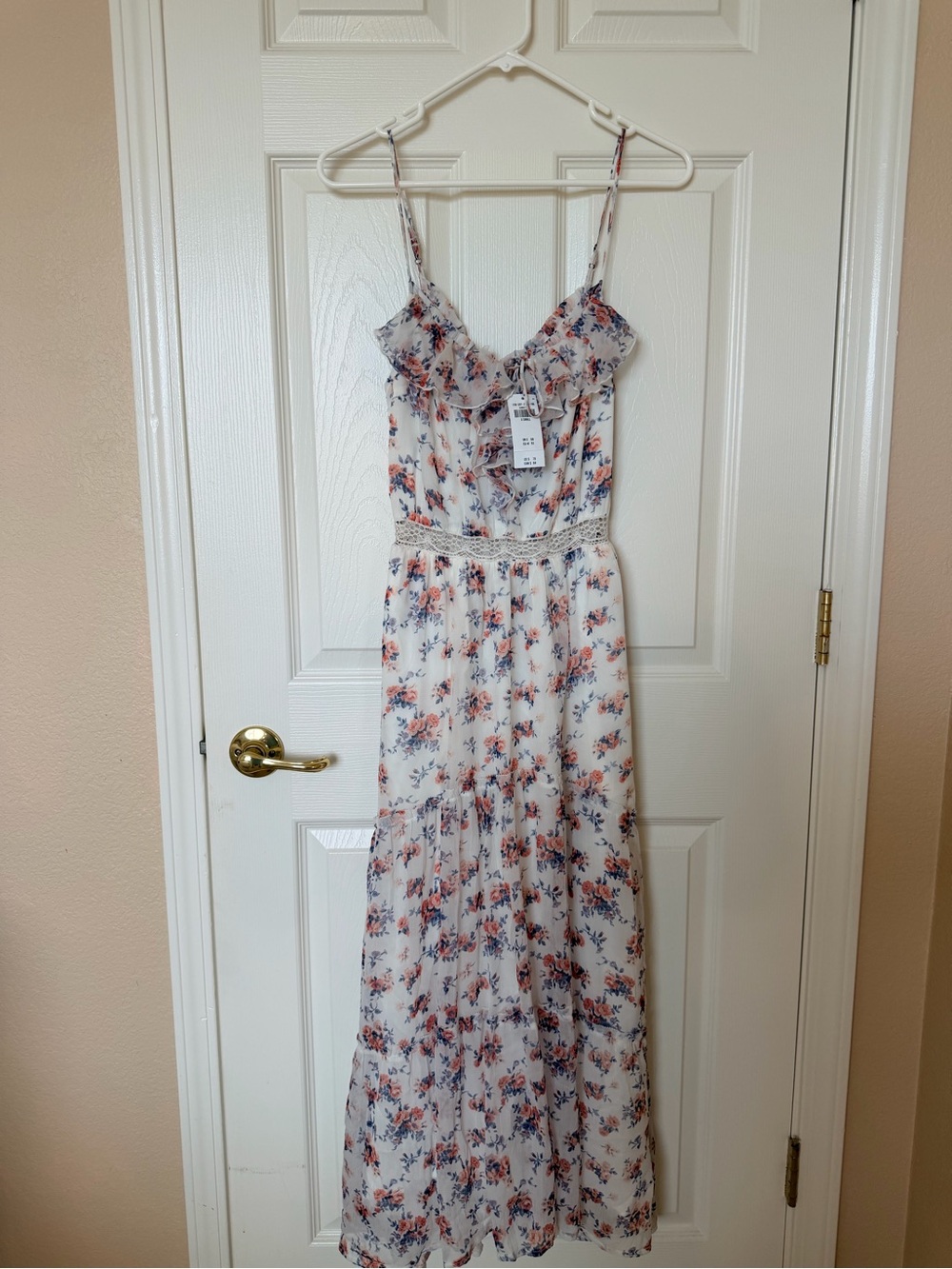 Abercrombie & Fitch Floral Ruffle Maxi Dress in White with Peach & Navy Print